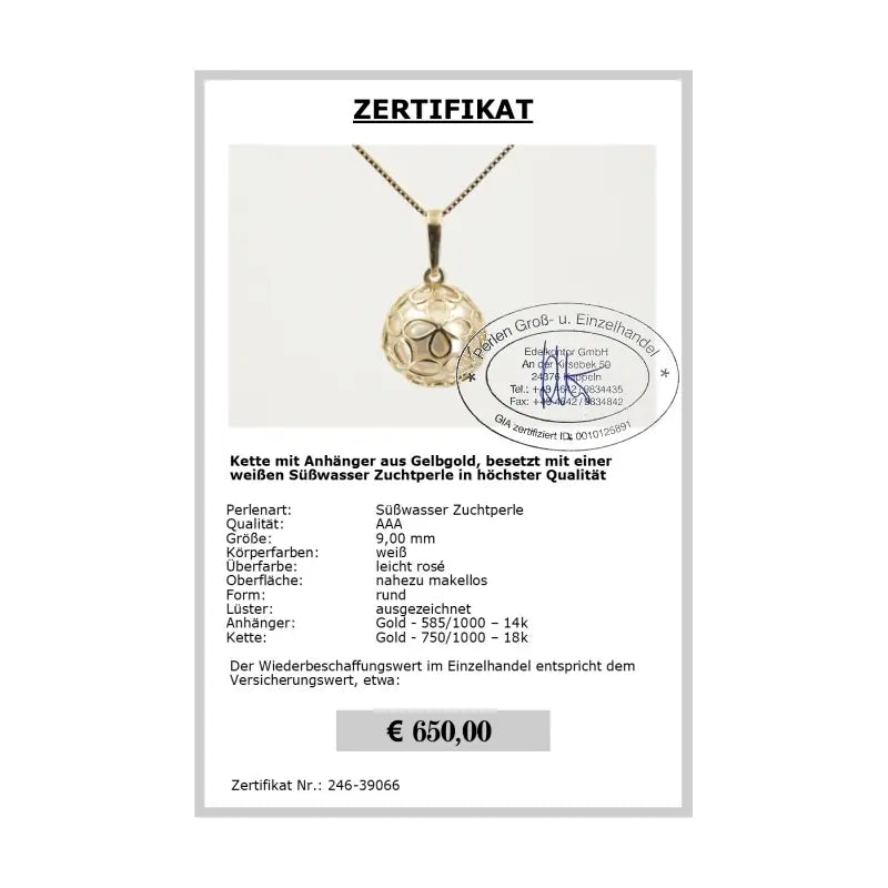 Anhänger Perle - Zertifikat