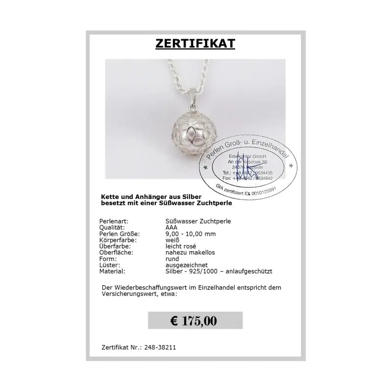 Kette mit Perlenanhänger Zertifikat