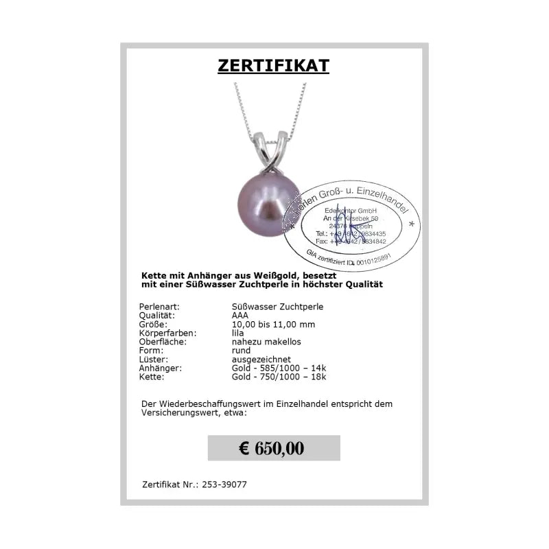 Anhänger mit lila Perle Zertifikat