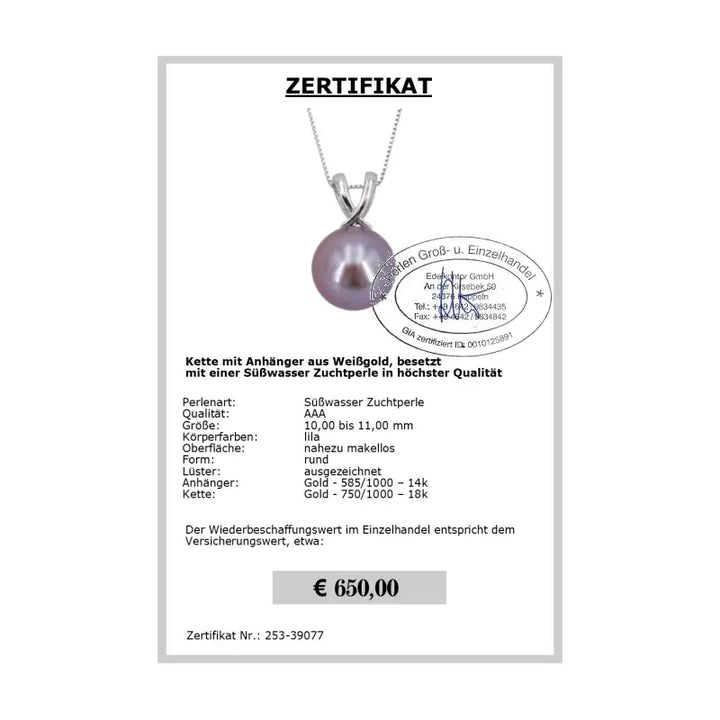 Anhänger mit lila Perle Zertifikat