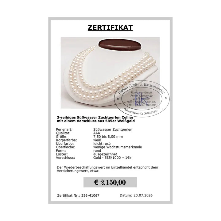 3-reihige Perlenkette Zertifikat