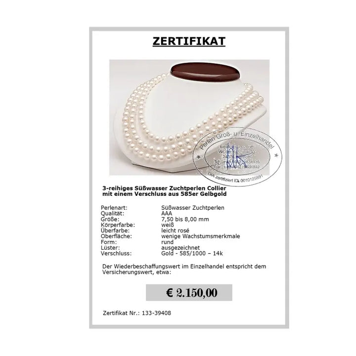 3-reihige Perlenkette Zertifikat