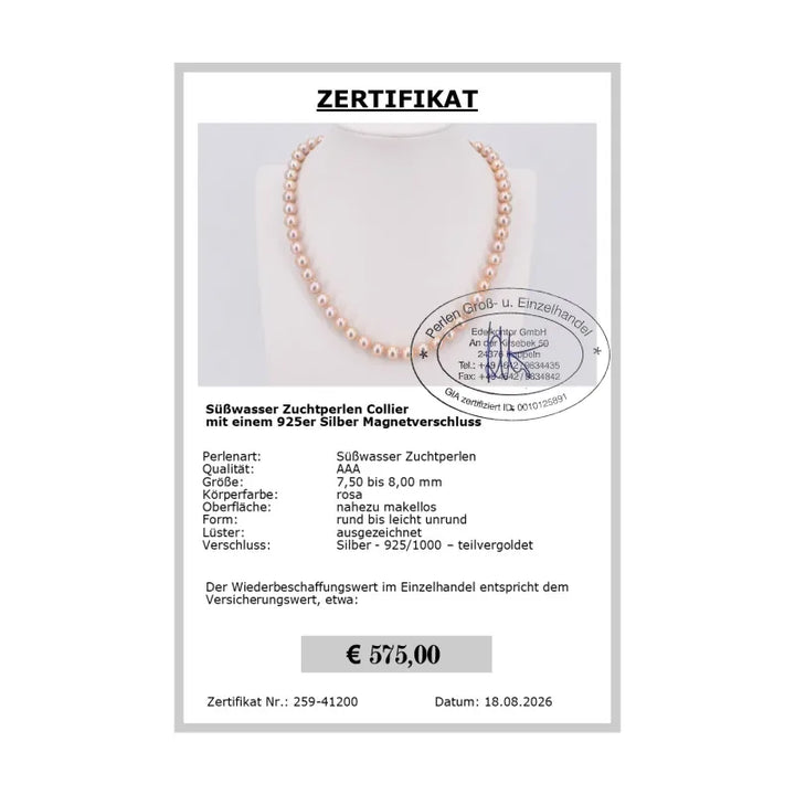 Perlenkette rosa - Zertifikat