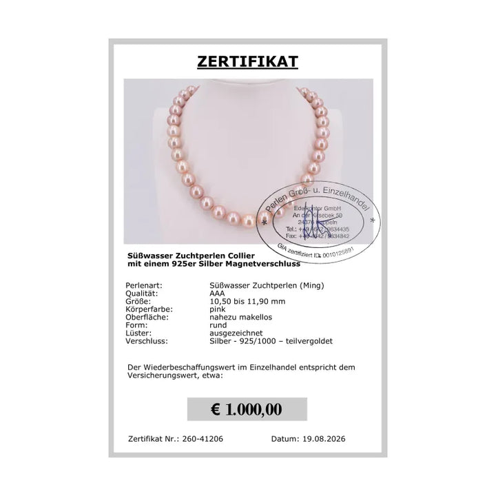 Perlenkette pink - Zertifikat