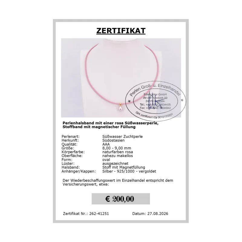 Perlenhalsband rosa - Zertifikat
