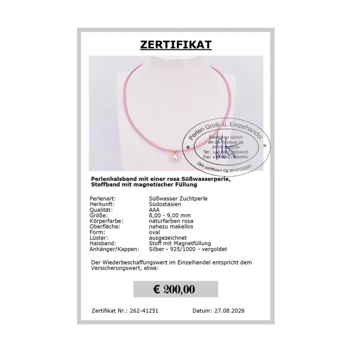 Perlenhalsband rosa - Zertifikat