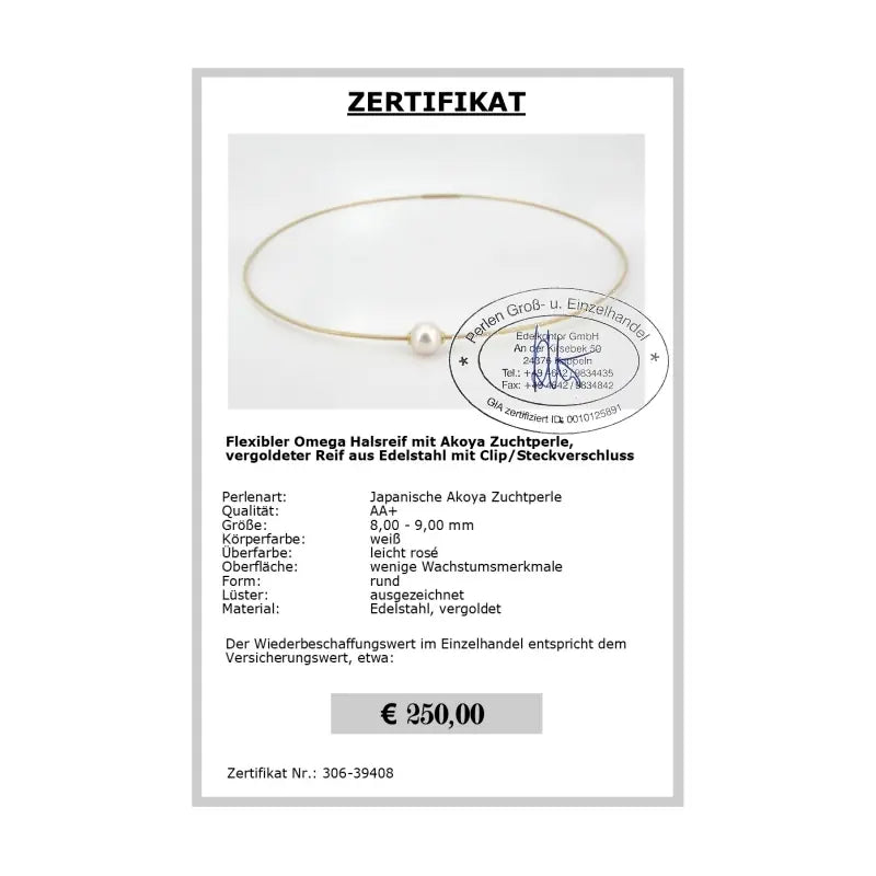 Perlen Schmuck Omegakette mit Akoya Perle - Zertifikat
