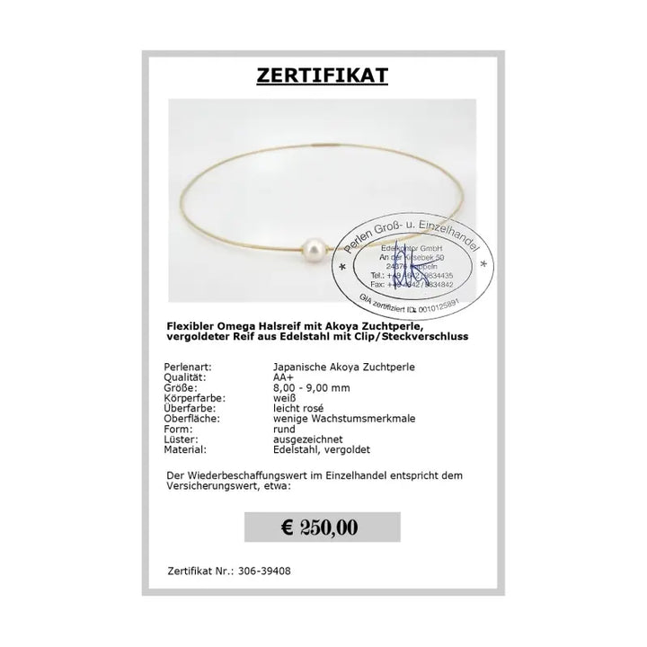 Perlen Schmuck Omegakette mit Akoya Perle - Zertifikat