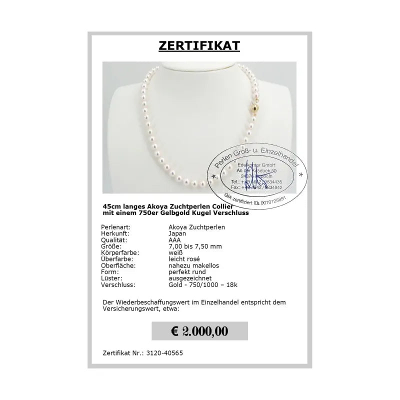 echtes Akoya Perlencollier - Zertifikat
