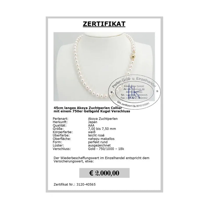 echtes Akoya Perlencollier - Zertifikat