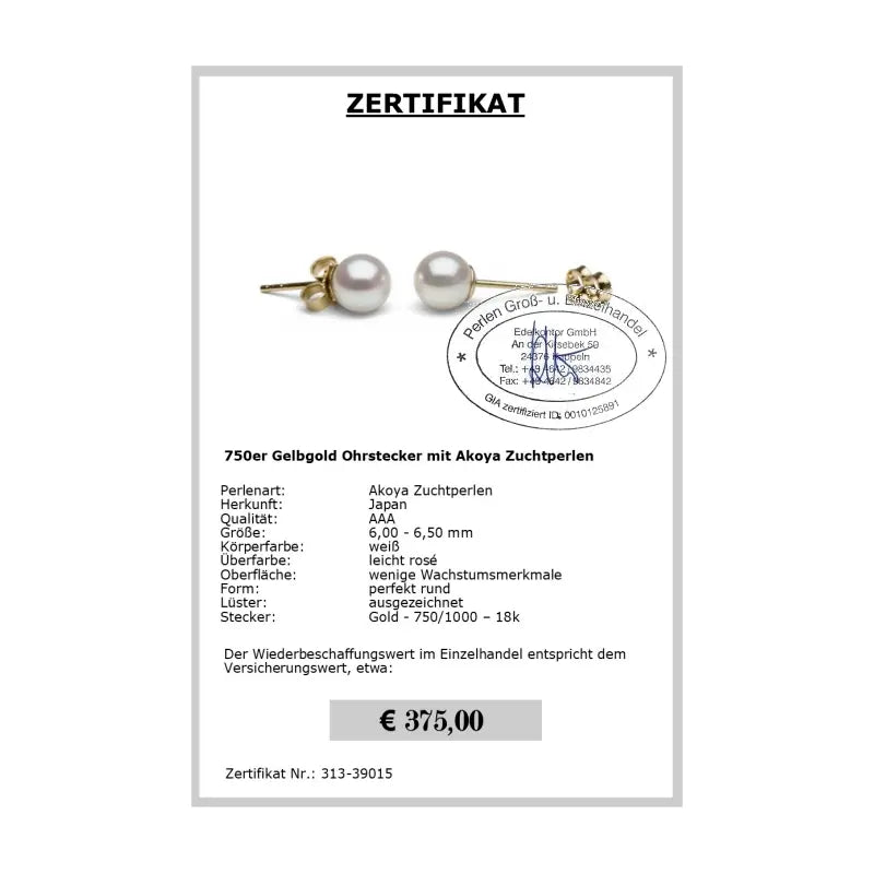 Ohrstecker Akoya Perlen - Zertifikat