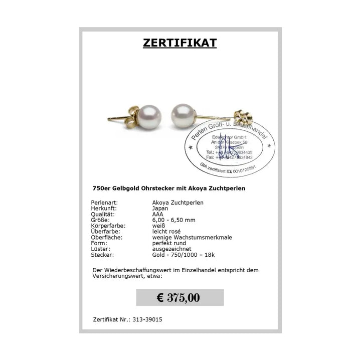 Ohrstecker Akoya Perlen - Zertifikat