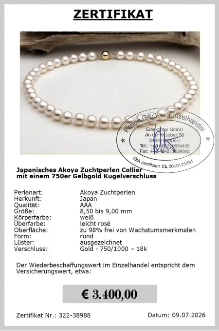 Akoya Perlencollier als Geschenk zur Hochzeit - Zertifikat