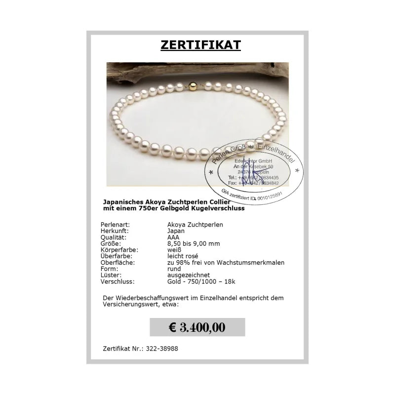 Akoya Perlencollier als Geschenk zur Hochzeit - Zertifikat