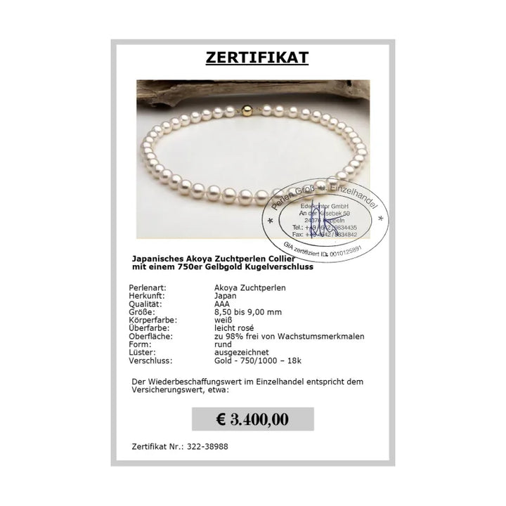 Akoya Perlencollier als Geschenk zur Hochzeit - Zertifikat
