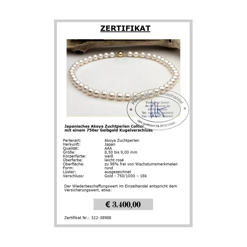 Akoya Perlencollier als Geschenk zur Hochzeit - Zertifikat