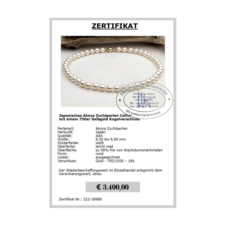 Akoya Perlencollier als Geschenk zur Hochzeit - Zertifikat
