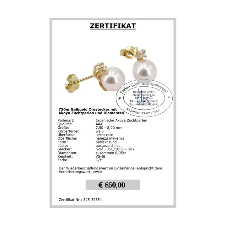 Akoya Perlen Ohrstecker mit Brillanten - Zertifikat