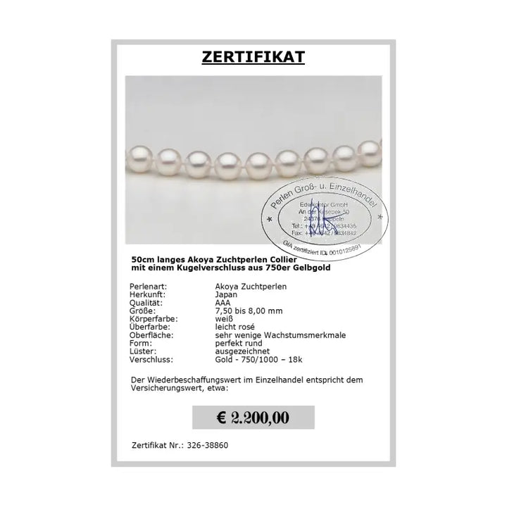 Akoyaperlenkette 50cm - Zertifikat
