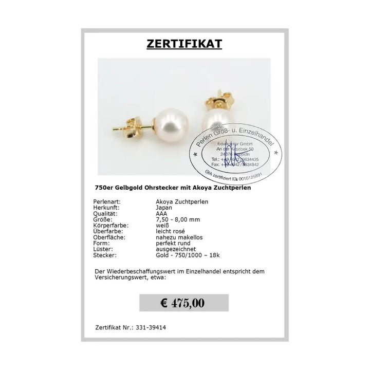Akoya Perlohrstecker - Zertifikat