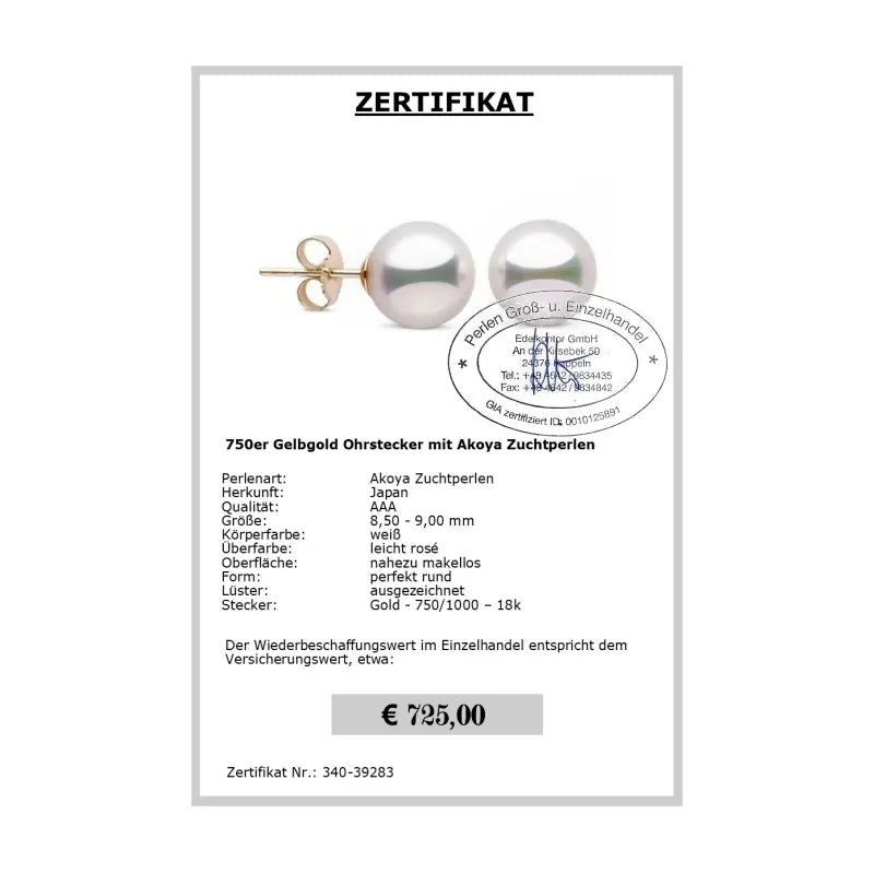 Akoya Perlen Ohrring - Zertifikat