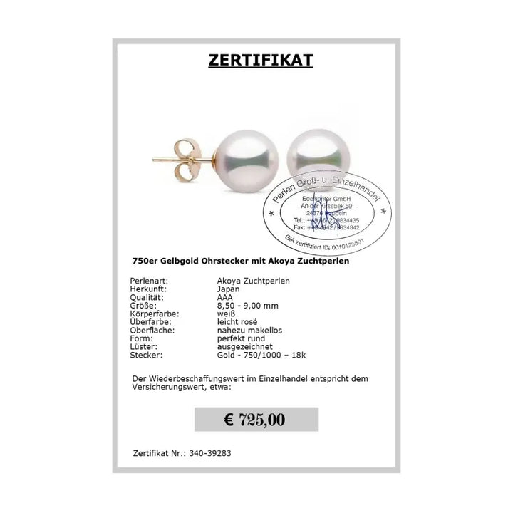 Akoya Perlen Ohrring - Zertifikat
