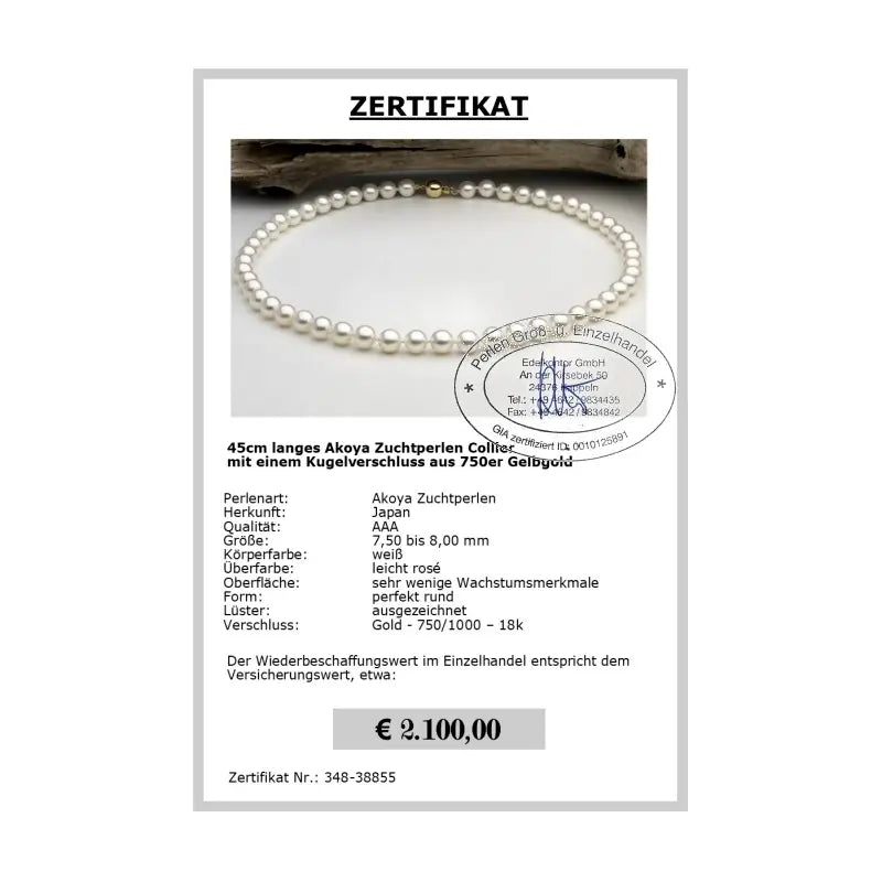 echte Perlenkette aus Akoya Perlen - Zertifikat