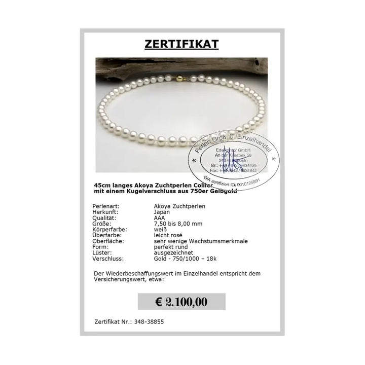 echte Perlenkette aus Akoya Perlen - Zertifikat