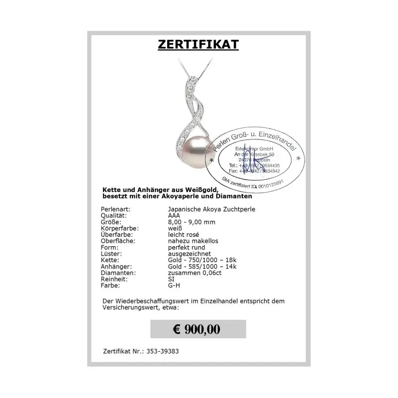 Brillant Anhänger mit Akoya Perle - Zertifikat