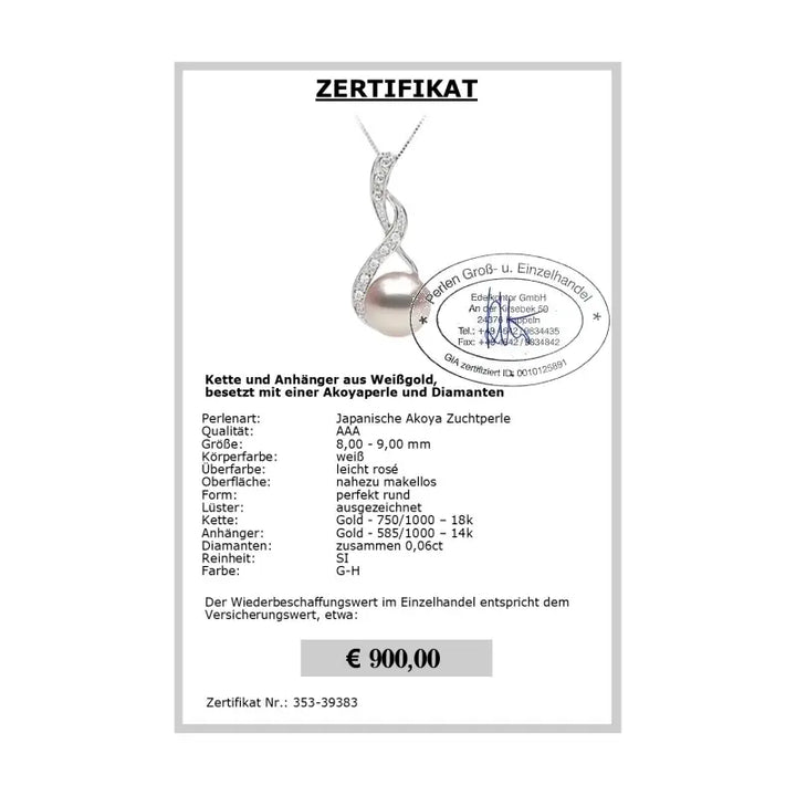 Brillant Anhänger mit Akoya Perle - Zertifikat