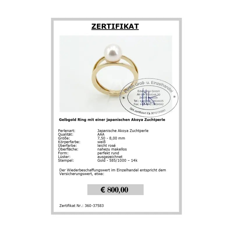 Gelbgold Akoya Perlen Ring - Zertifikat