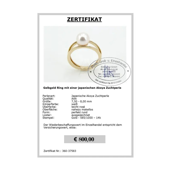 Gelbgold Akoya Perlen Ring - Zertifikat