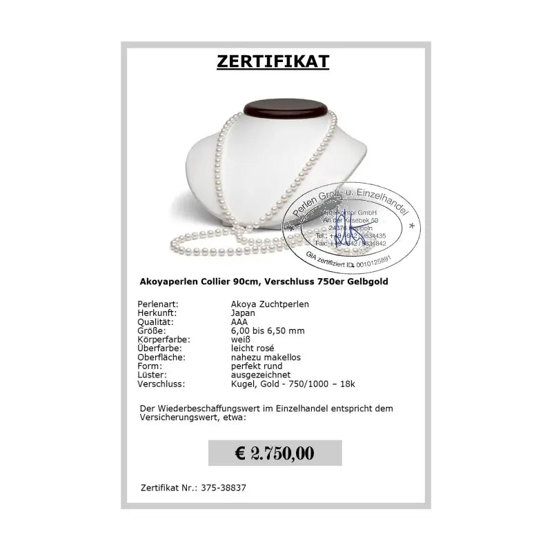 90 cm lange Akoya Perlenkette - Zertifikat