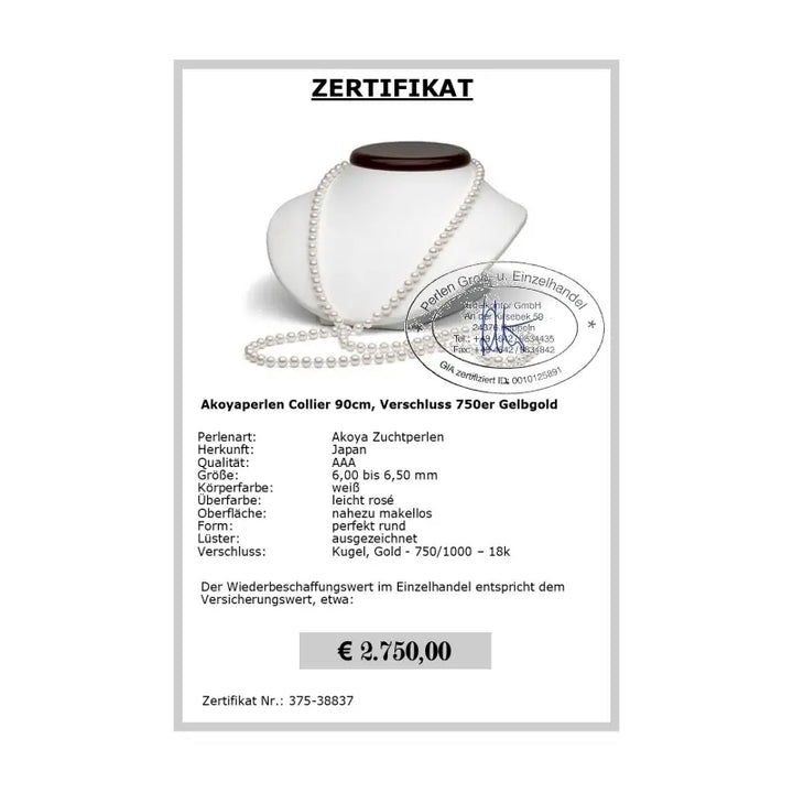 90 cm lange Akoya Perlenkette - Zertifikat