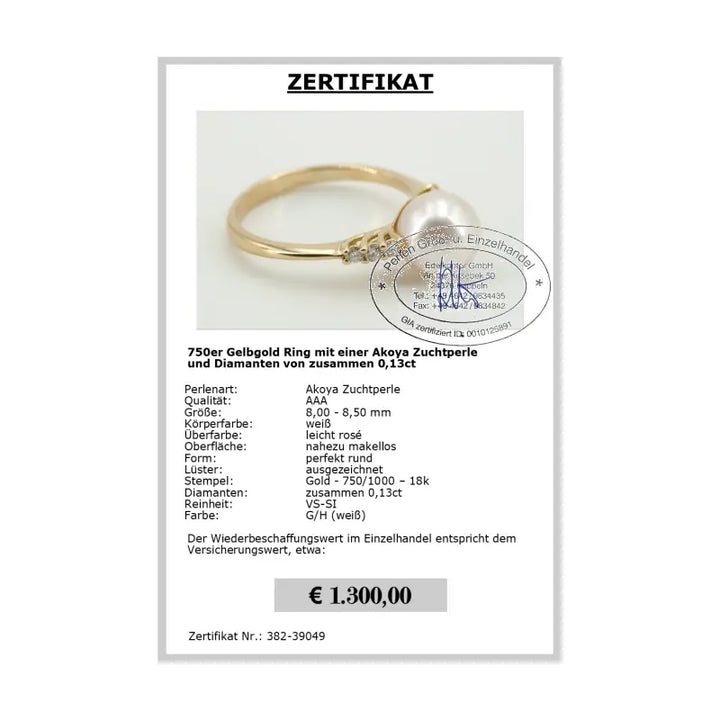 Ring mit Diamanten und Akoya Perle - Zertifikat