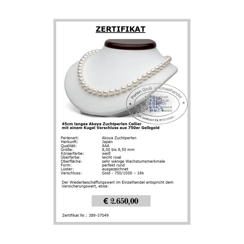 Akoya Perlen Collier kaufen - Zertifikat