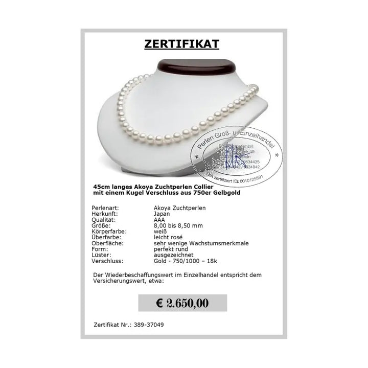 Akoya Perlen Collier kaufen - Zertifikat