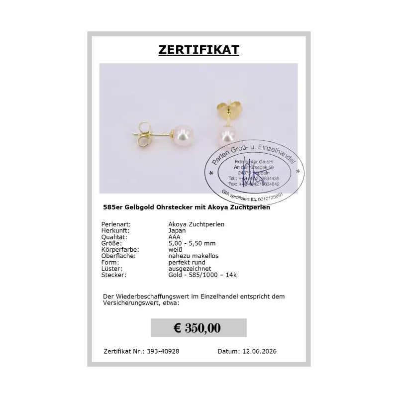 Perlen Ohrstecker Akoya Zertifikat