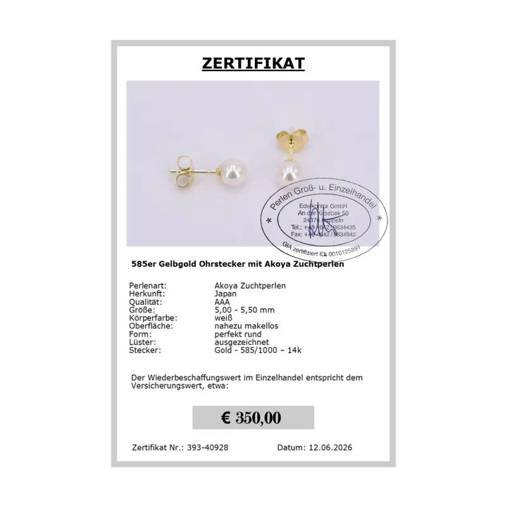 Perlen Ohrstecker Akoya Zertifikat