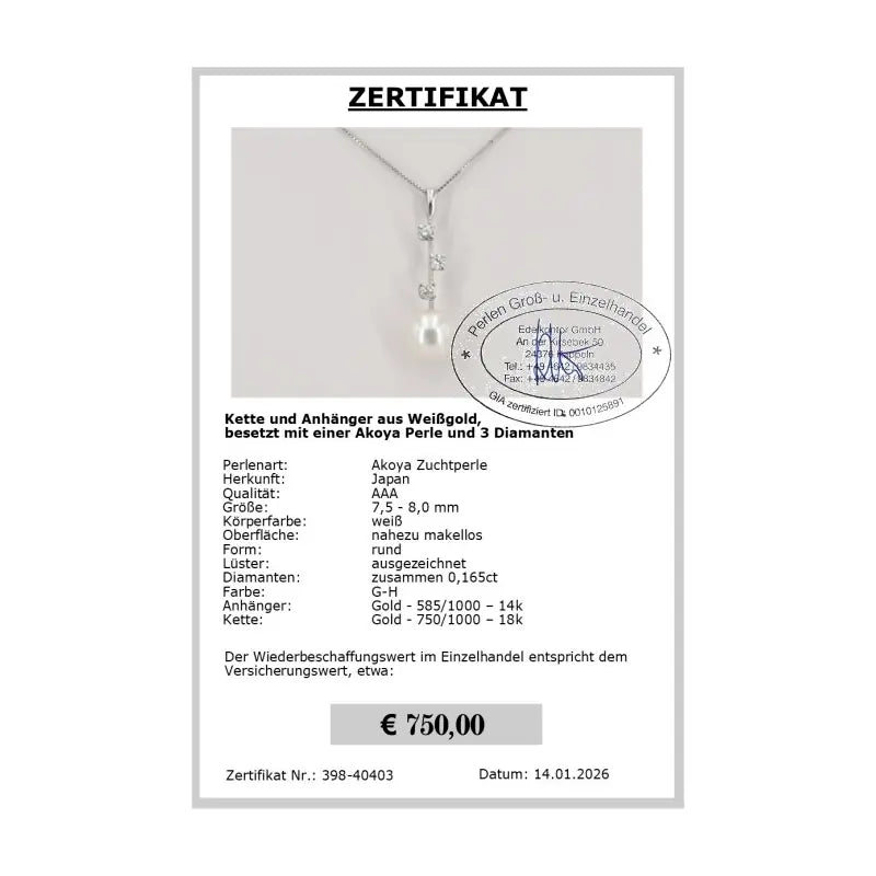 Perlen Anhänger echt - Zertifikat