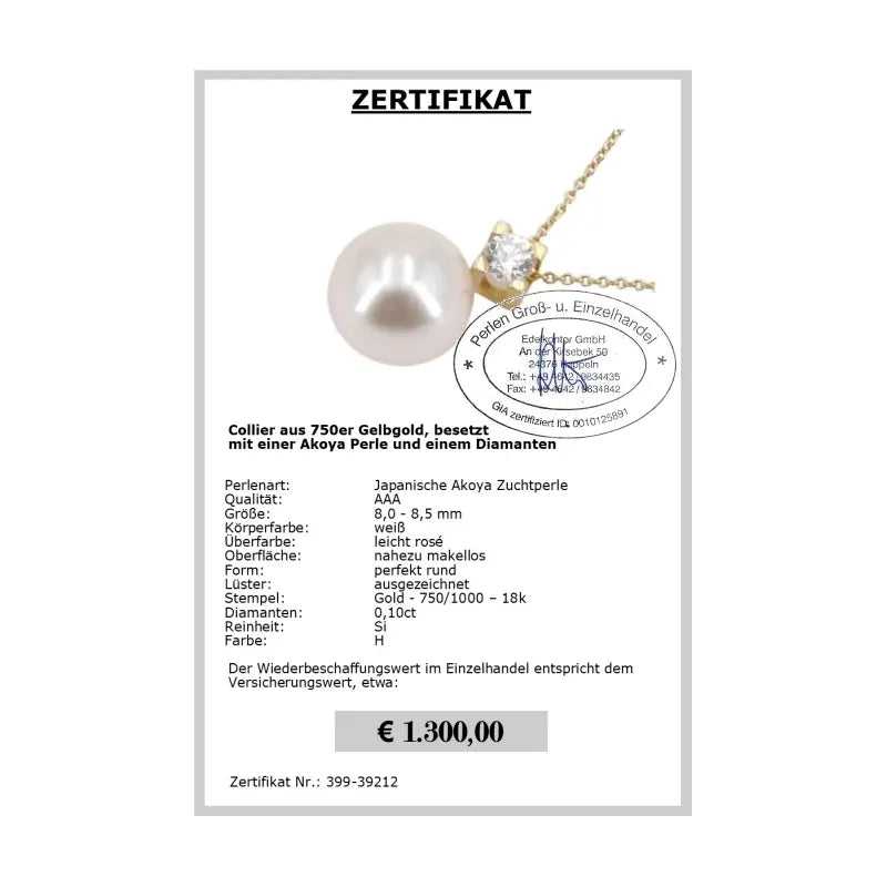 Collier mit Diamant und Akoya Perle - Zertifikat