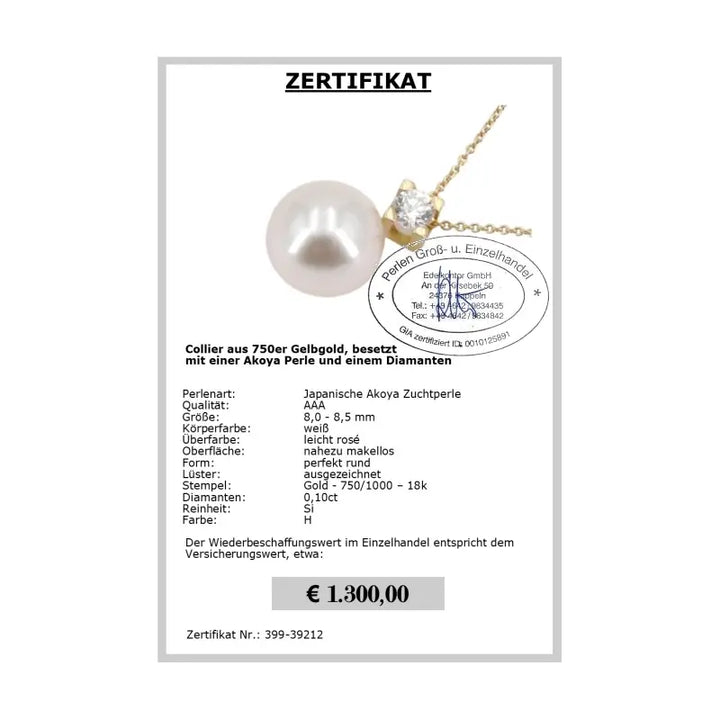 Collier mit Diamant und Akoya Perle - Zertifikat