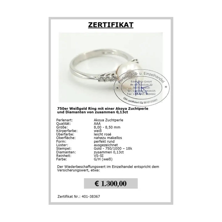 Weißgold Akoyaperlen Ring - Zertifikat