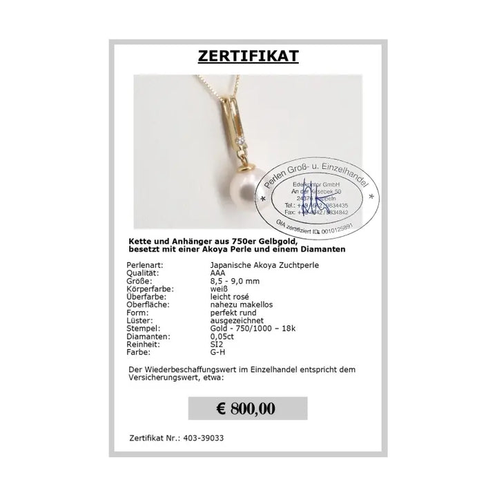 Akoyaperlen Diamant Anhänger - Zertifikat