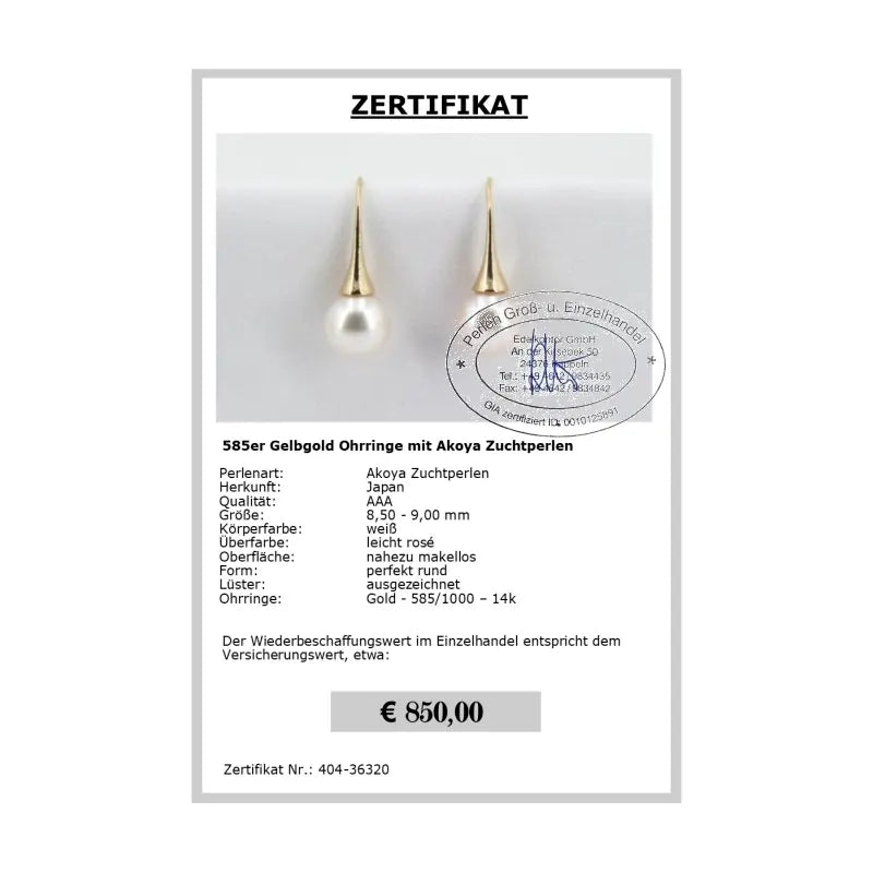 Perlen Ohrringe Akoya - Zertifikat