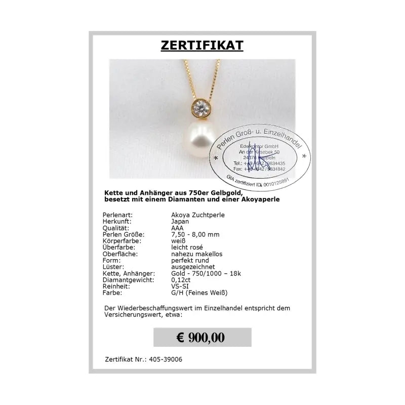 Kette mit Diamant und Perle Zertifikat