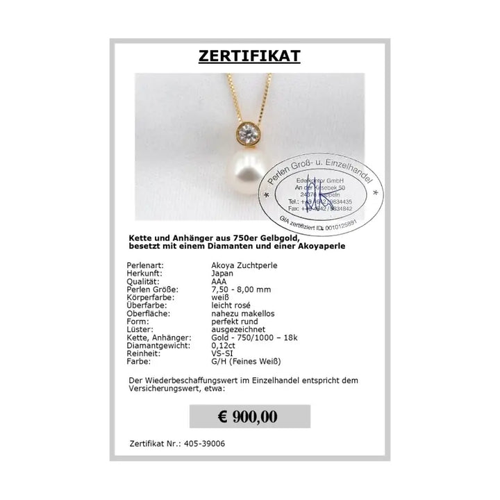 Kette mit Diamant und Perle Zertifikat
