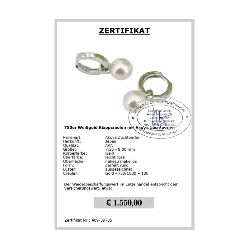 Akoyaperlen Ohrringe - Zertifikat
