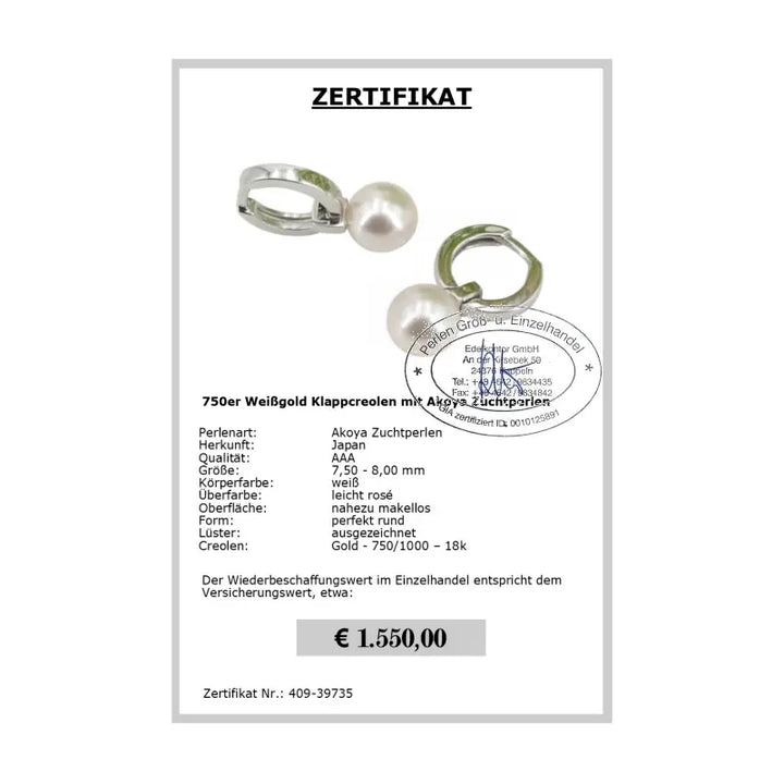Akoyaperlen Ohrringe - Zertifikat