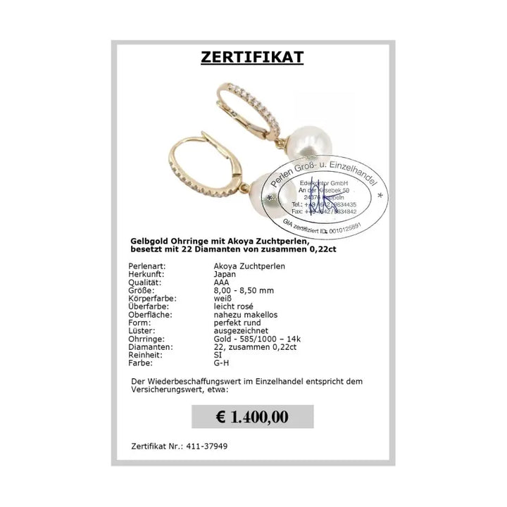 Diamant Perlen Ohrringe - Zertifikat